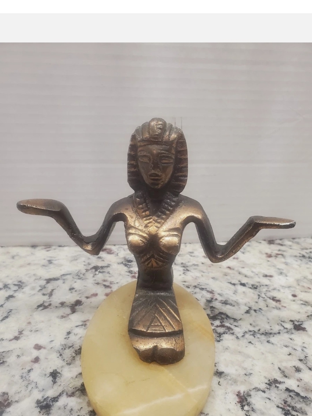 Bronze-Tone Egyptian Goddess Figurine on Cream Stone Base 6 1/2×4'